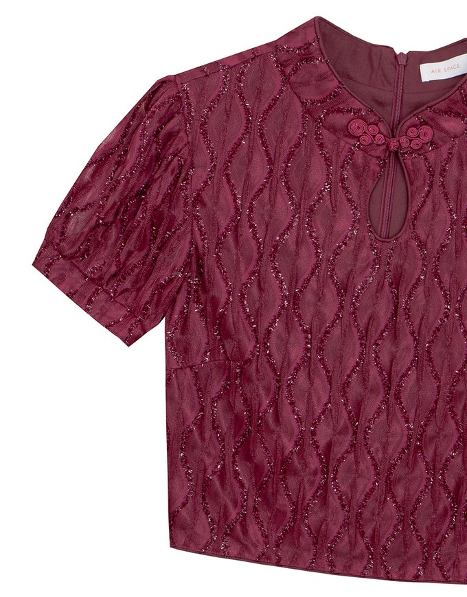 Qipao Top Textured Jacquard Puff Sleeve Keyhole Crop Cheongsam Qipao Top