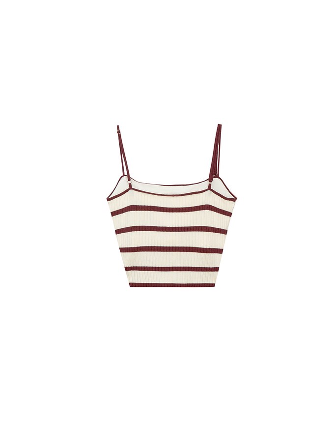 Striped Ribbed Knit Spaghetti Strap Halter Padded Crop Top