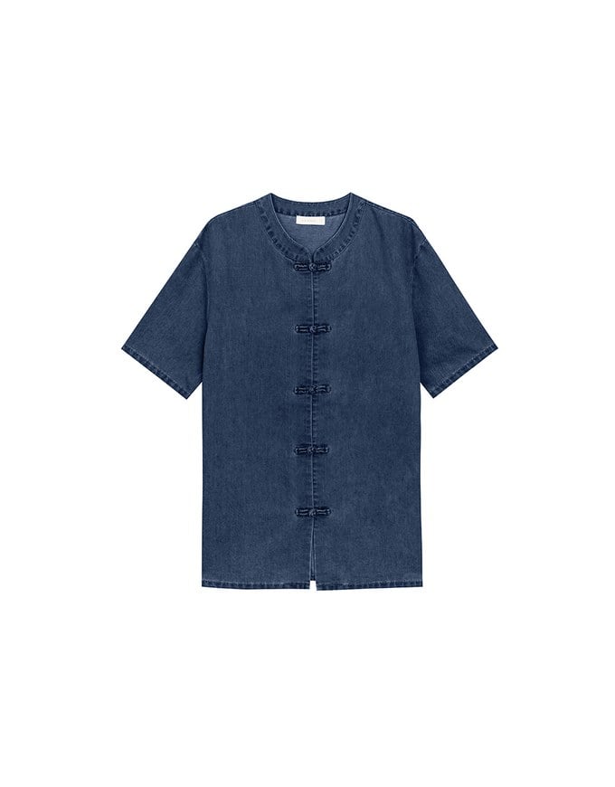 Men’s Cheongsam Short Sleeve Jeans Denim Cheongsam Qipao Shirt with Knot Button Detail