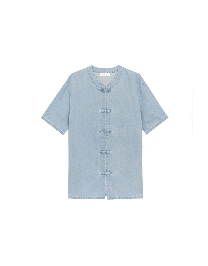 Men’s Cheongsam Short Sleeve Jeans Denim Cheongsam Qipao Shirt with Knot Button Detail