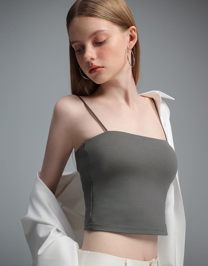 【Stain Resistant】Basic Spaghetti Strap Fitted Crop Cami Top