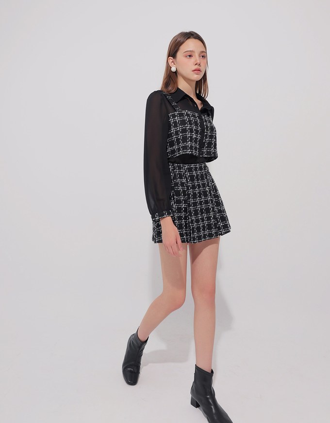 Tweed Style Checkered Panel Layered Button Front Shirt Blouse