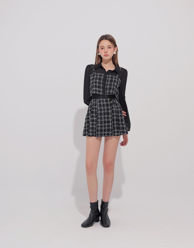 Tweed Style Checkered Panel Layered Button Front Shirt Blouse