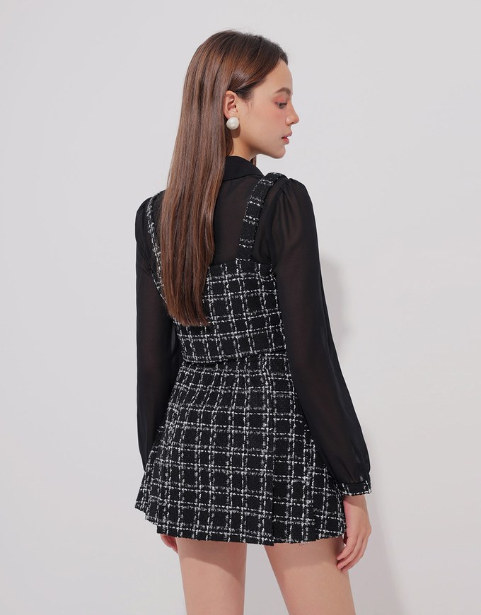 Tweed Style Checkered Panel Layered Button Front Shirt Blouse