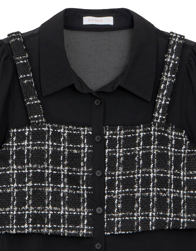 Tweed Style Checkered Panel Layered Button Front Shirt Blouse