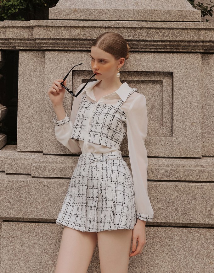 Tweed Style Checkered Panel Layered Button Front Shirt Blouse