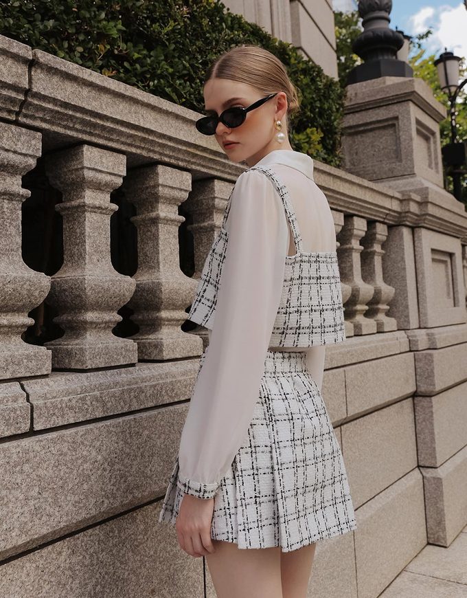 Tweed Style Checkered Panel Layered Button Front Shirt Blouse