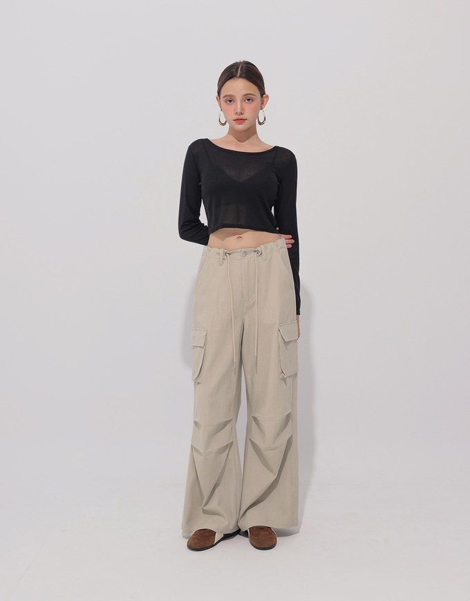 Round Neck Sheer Mesh Long Sleeve Cropped Top