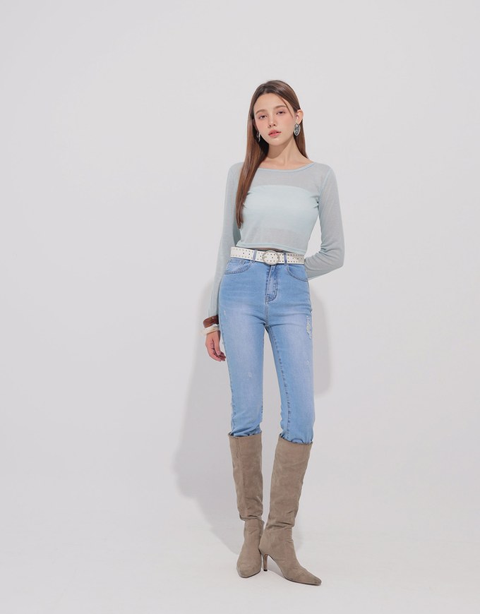 Round Neck Sheer Mesh Long Sleeve Cropped Top
