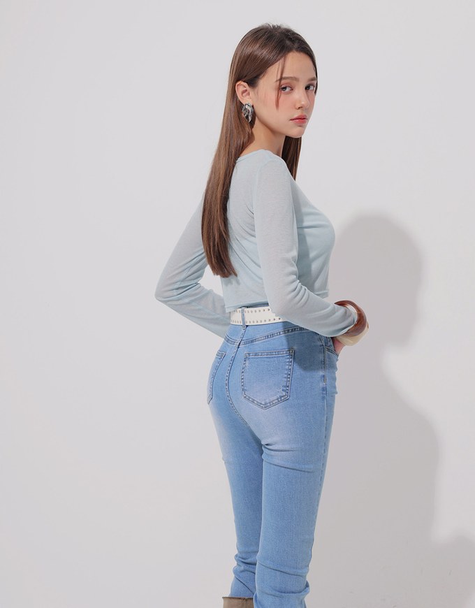 Round Neck Sheer Mesh Long Sleeve Cropped Top