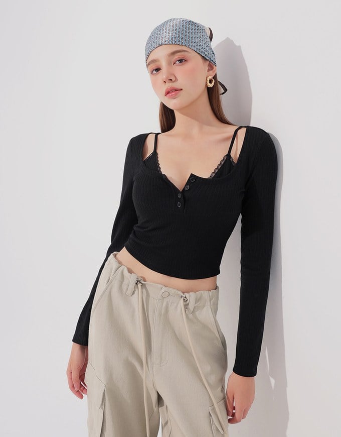 Faux 2 Piece Ribbed Knit Lace Trim Long Sleeve Crop Top