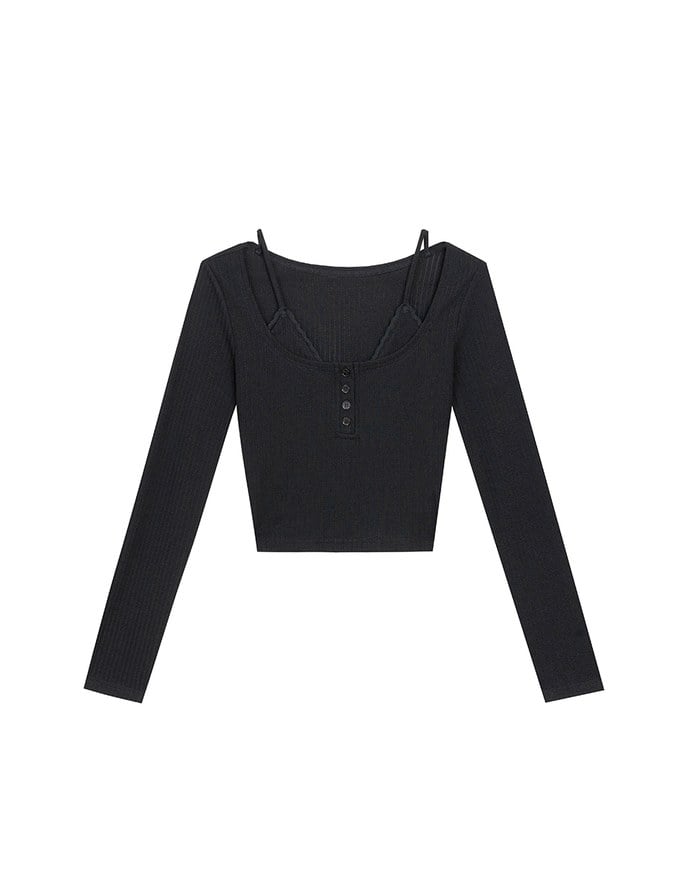 Faux 2 Piece Ribbed Knit Lace Trim Long Sleeve Crop Top