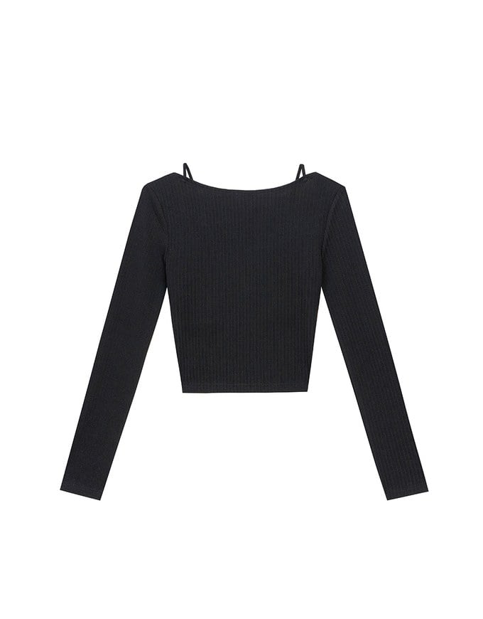 Faux 2 Piece Ribbed Knit Lace Trim Long Sleeve Crop Top
