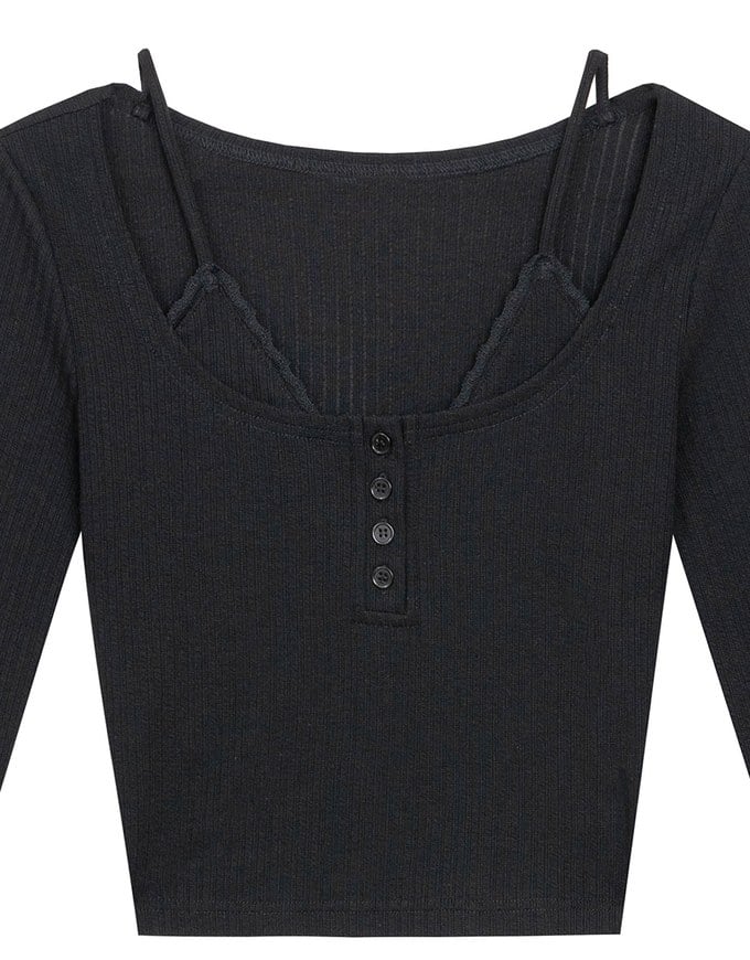 Faux 2 Piece Ribbed Knit Lace Trim Long Sleeve Crop Top