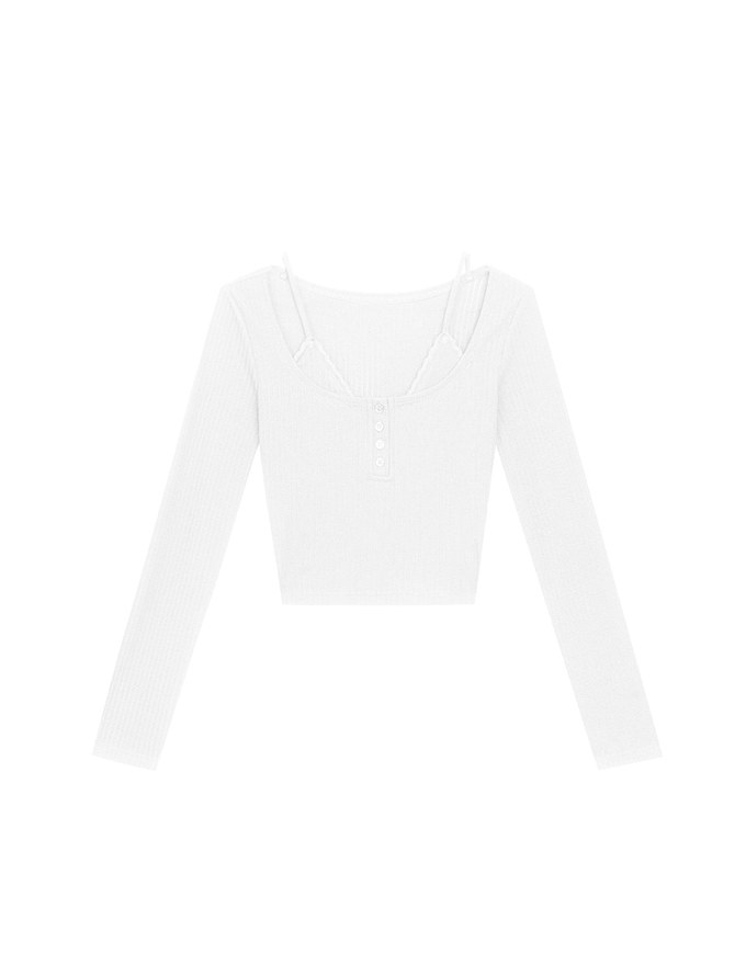 Faux 2 Piece Ribbed Knit Lace Trim Long Sleeve Crop Top