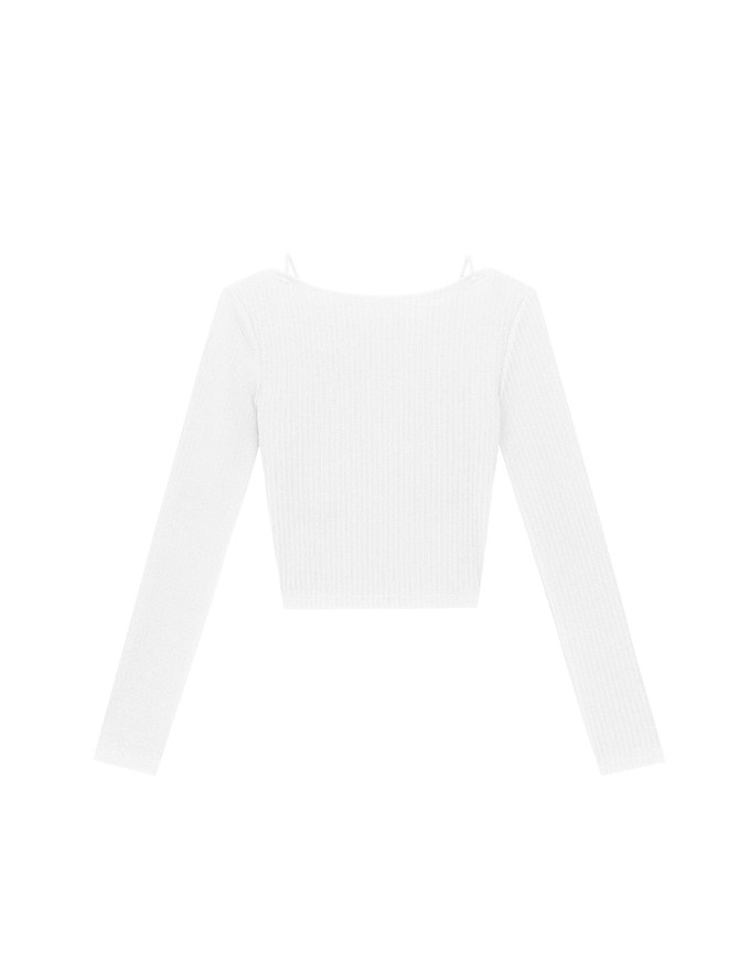 Faux 2 Piece Ribbed Knit Lace Trim Long Sleeve Crop Top