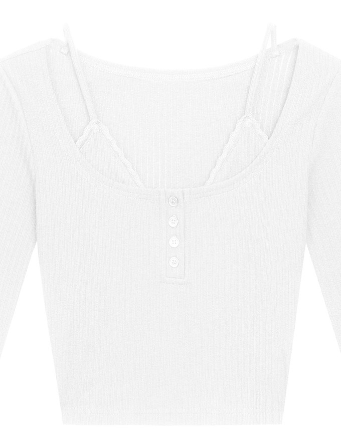 Faux 2 Piece Ribbed Knit Lace Trim Long Sleeve Crop Top