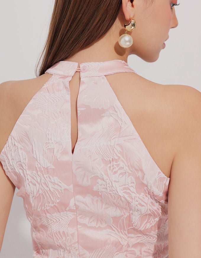 Qipao Top Floral Jacquard Design Halter Neck Cheongsam Qipao Crop Tank Top