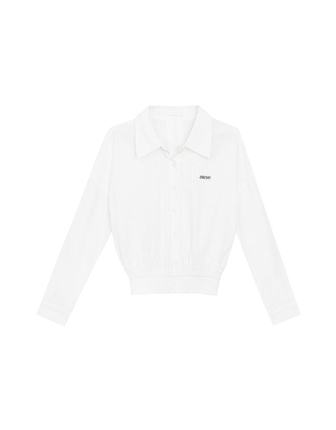AIR SPACE Logo Embroidered Striped Smocked Hem Button Down Shirt Blouse