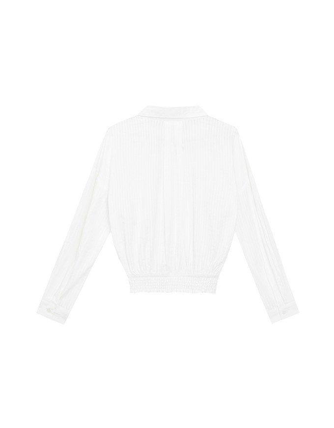 AIR SPACE Logo Embroidered Striped Smocked Hem Button Down Shirt Blouse