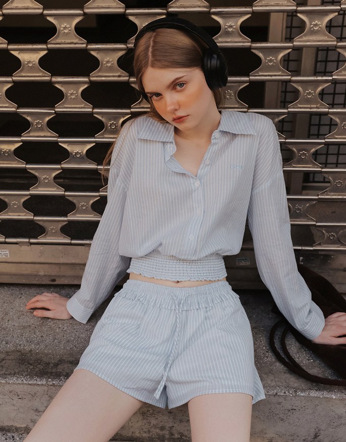 AIR SPACE Logo Embroidered Striped Smocked Hem Button Down Shirt Blouse