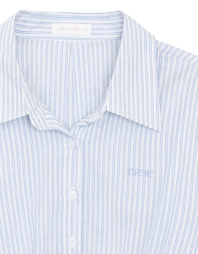 AIR SPACE Logo Embroidered Striped Smocked Hem Button Down Shirt Blouse