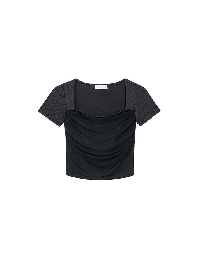Mesh Panel Ruched Square Neck Ribbed Knit Crop Top