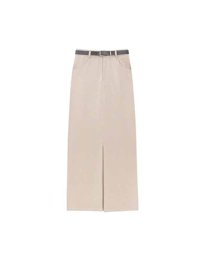 Minimalist High Waisted Front Slit Maxi Skirt (with Belt)