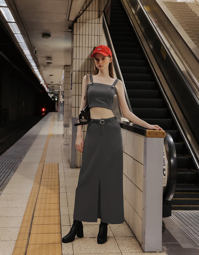 Minimalist High Waisted Front Slit Maxi Skirt (with Belt)