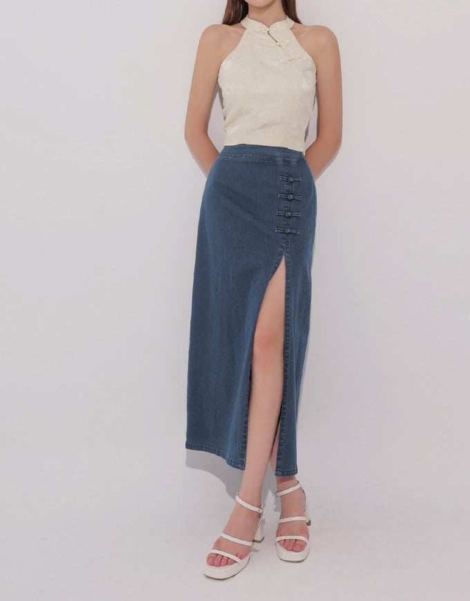 Qipao Skirt High Waist Side Slit Jeans Denim Cheongsam Qipao Maxi Skirt with Knot Button Detail
