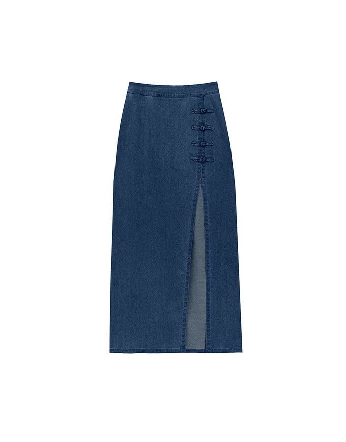 Qipao Skirt High Waist Side Slit Jeans Denim Cheongsam Qipao Maxi Skirt with Knot Button Detail