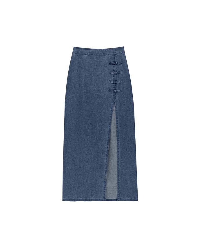 Qipao Skirt High Waist Side Slit Jeans Denim Cheongsam Qipao Maxi Skirt with Knot Button Detail
