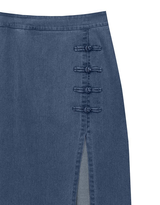 Qipao Skirt High Waist Side Slit Jeans Denim Cheongsam Qipao Maxi Skirt with Knot Button Detail