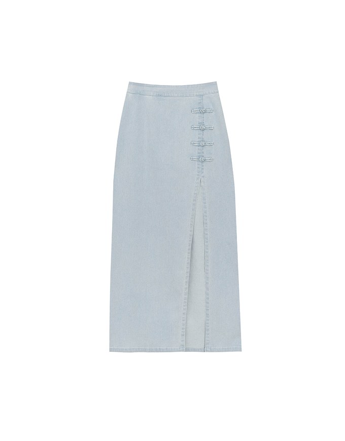 Qipao Skirt High Waist Side Slit Jeans Denim Cheongsam Qipao Maxi Skirt with Knot Button Detail