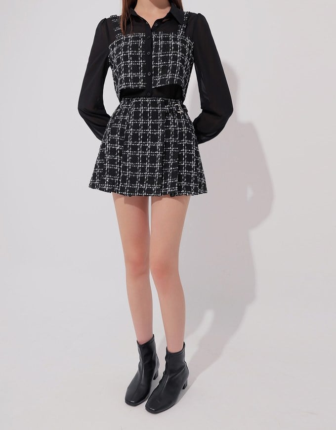 Tweed Style Checkered Mini Skirt with Side Buckle