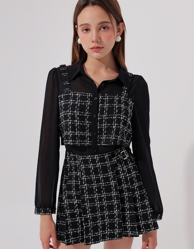 Tweed Style Checkered Mini Skirt with Side Buckle
