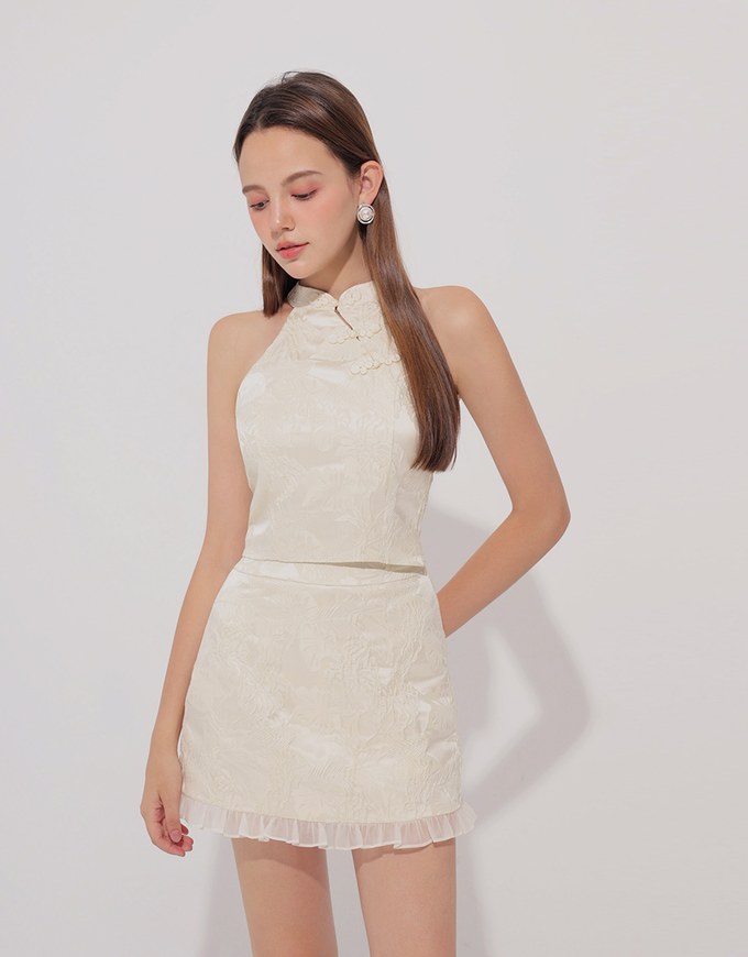Qipao Skirt Floral Jacquard Design Cheongsam Qipao Mini Skirt with Ruffle Hem