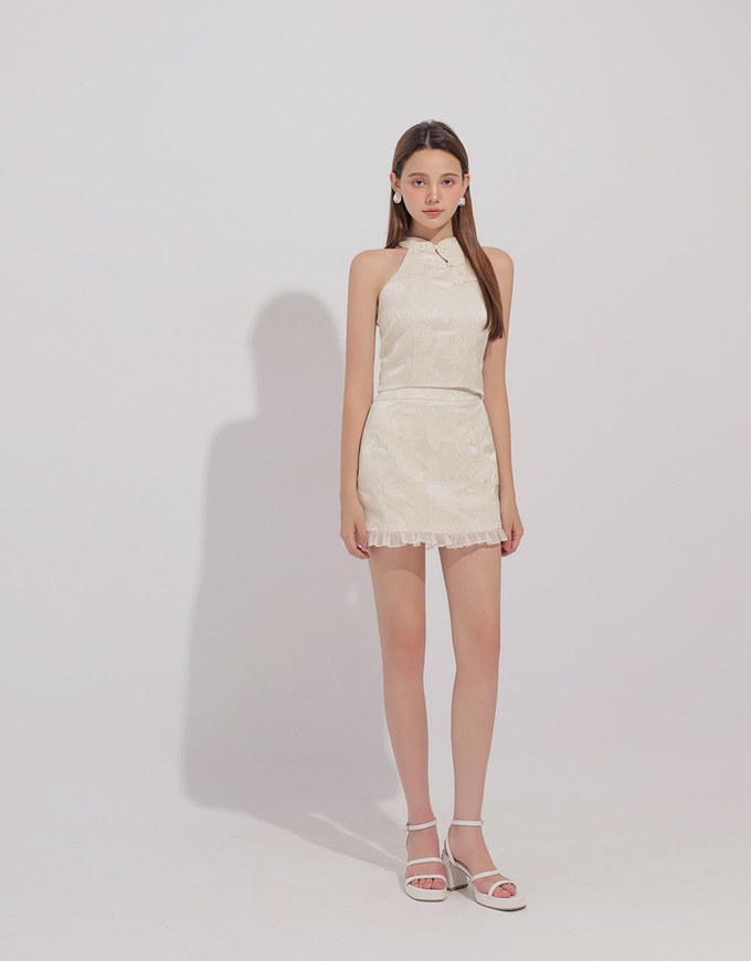 Qipao Skirt Floral Jacquard Design Cheongsam Qipao Mini Skirt with Ruffle Hem