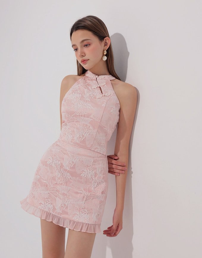 Qipao Skirt Floral Jacquard Design Cheongsam Qipao Mini Skirt with Ruffle Hem