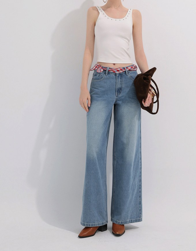 Mid Rise Vintage Washed Wide Leg Jeans Denim Pants
