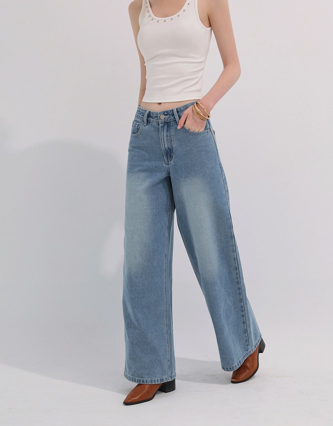 Mid Rise Vintage Washed Wide Leg Jeans Denim Pants