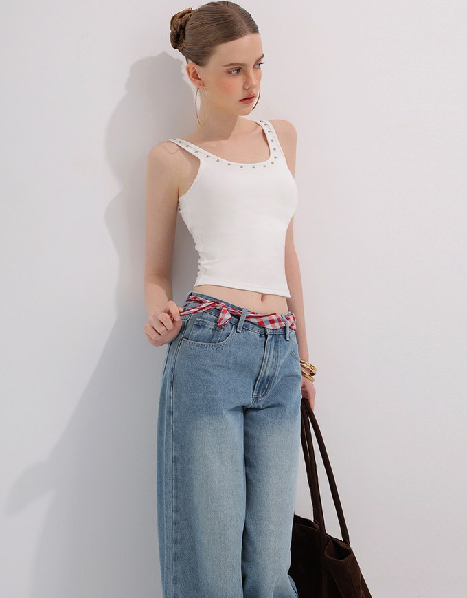 Mid Rise Vintage Washed Wide Leg Jeans Denim Pants