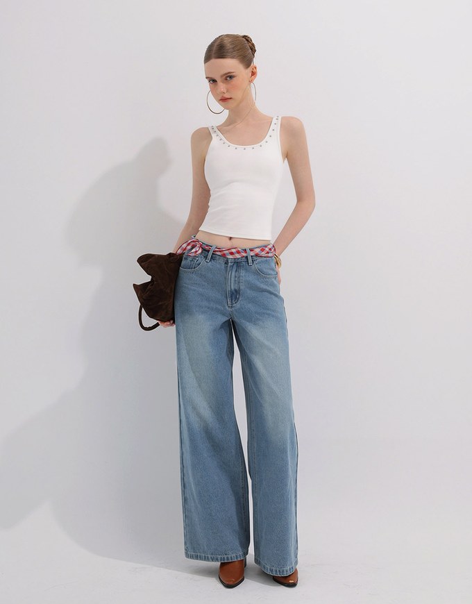 Mid Rise Vintage Washed Wide Leg Jeans Denim Pants