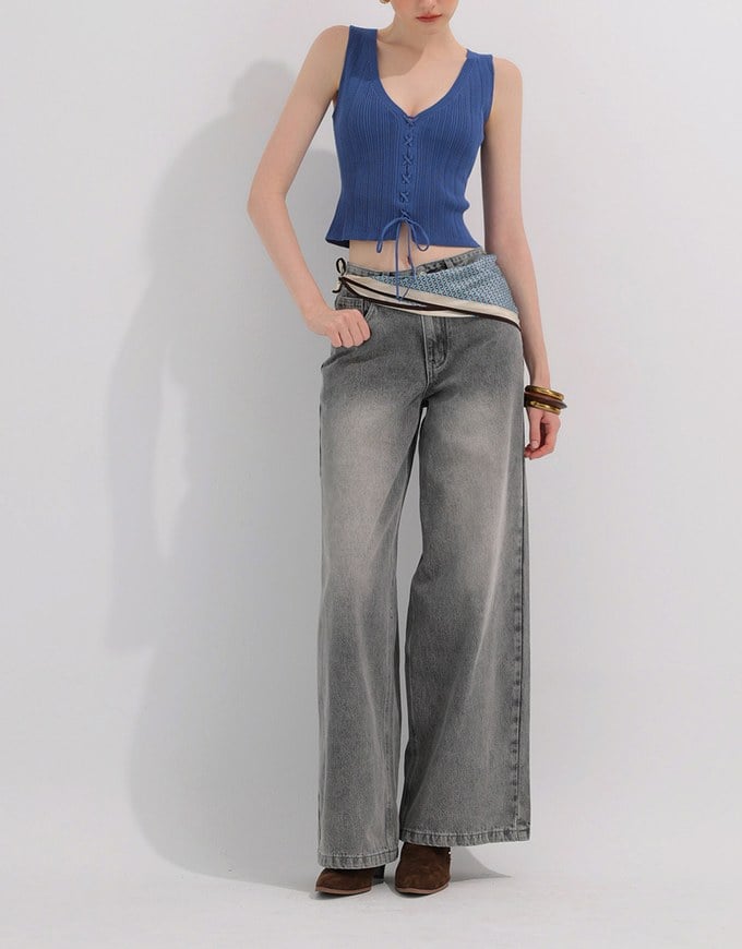 Mid Rise Vintage Washed Wide Leg Jeans Denim Pants