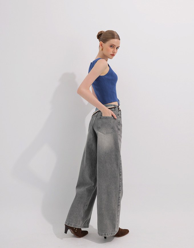 Mid Rise Vintage Washed Wide Leg Jeans Denim Pants