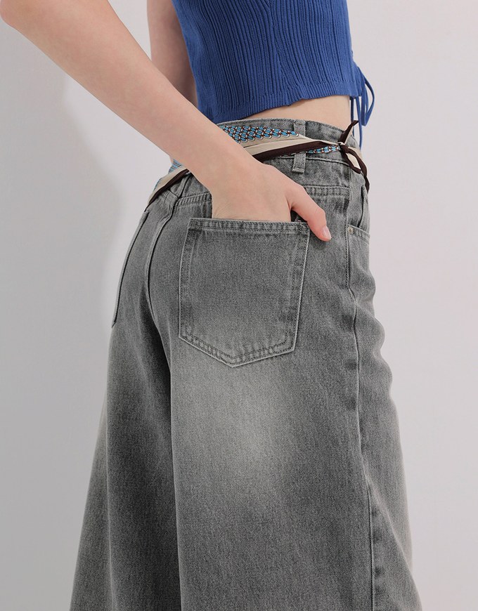 Mid Rise Vintage Washed Wide Leg Jeans Denim Pants