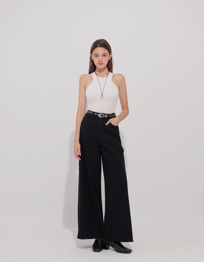 Frayed Hem Wide Leg Jeans Denim Pants with Distressed Detail