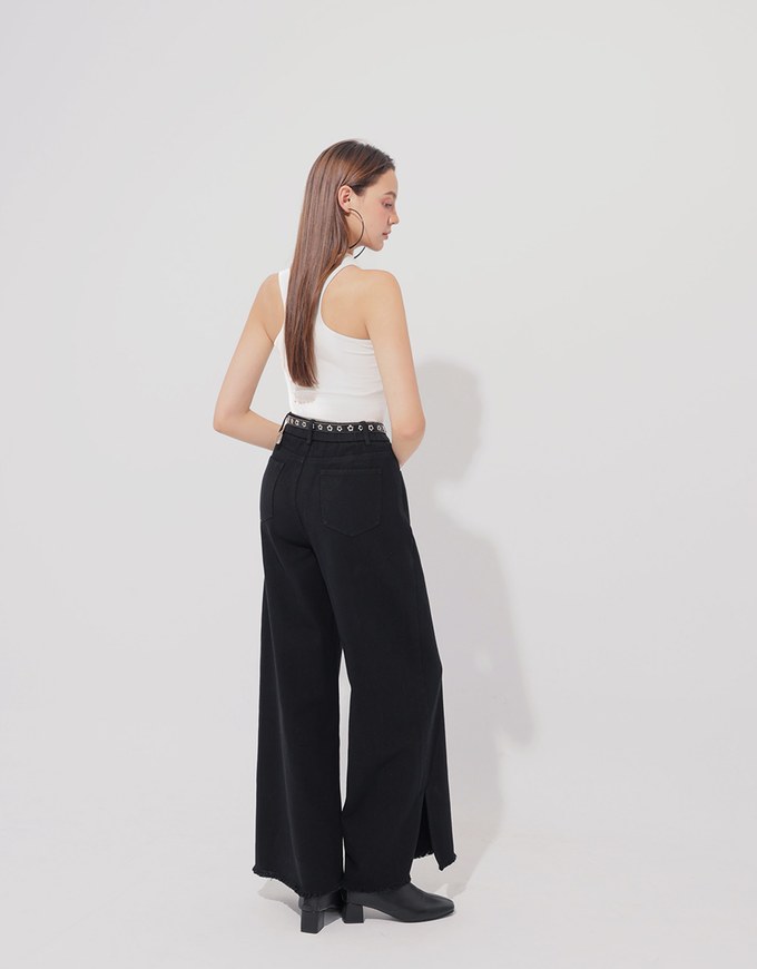 Frayed Hem Wide Leg Jeans Denim Pants with Distressed Detail