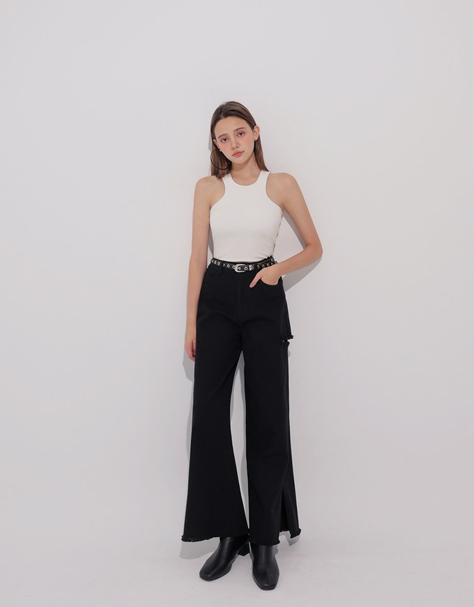Frayed Hem Wide Leg Jeans Denim Pants with Distressed Detail