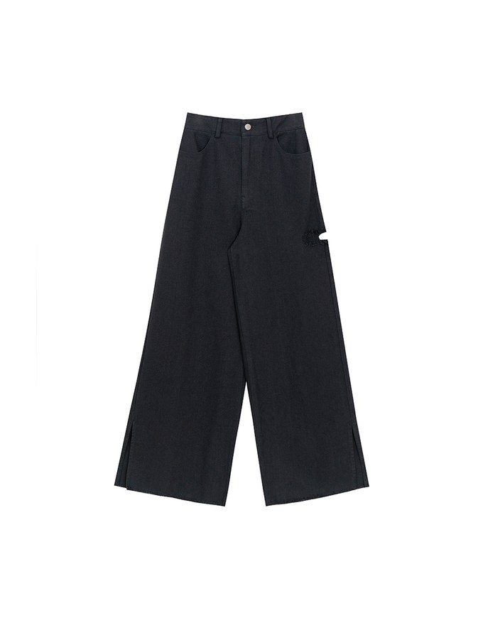 Frayed Hem Wide Leg Jeans Denim Pants with Distressed Detail